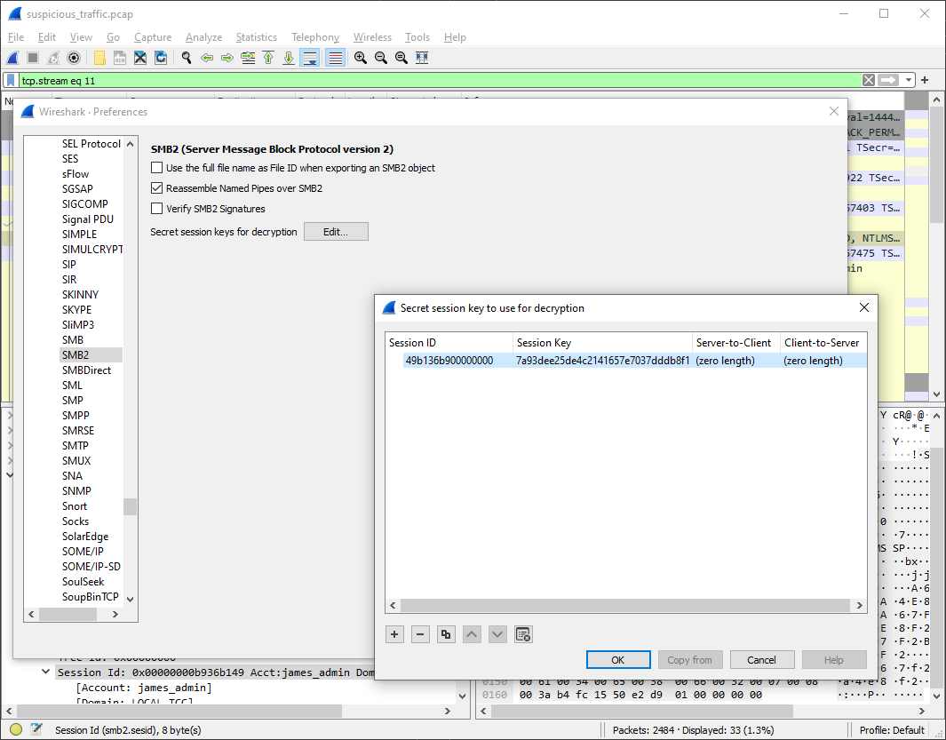 Wireshark configured for SMB decryption