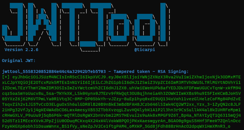 jwt_tool showing tampered admin token