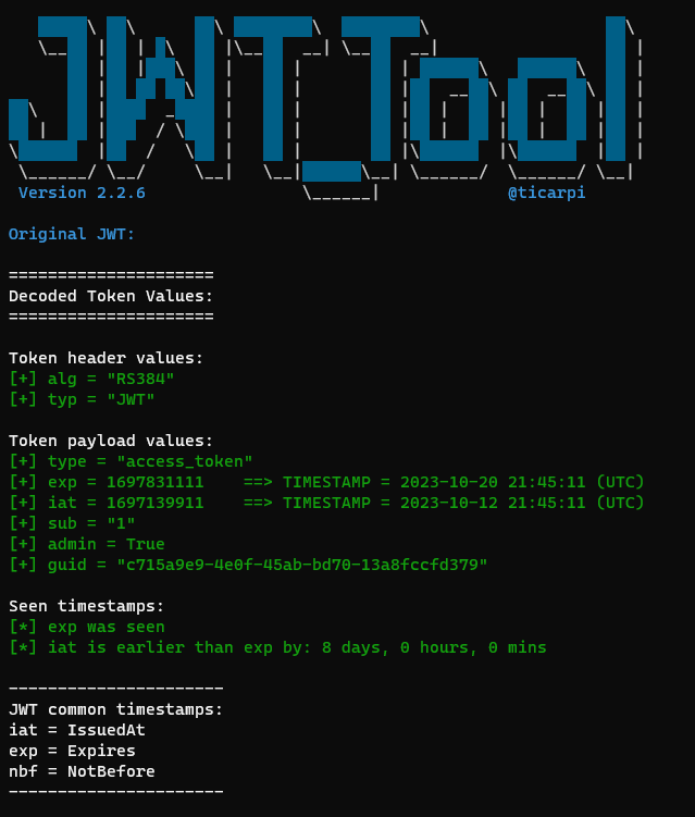 jwt_tool showing decoded admin token