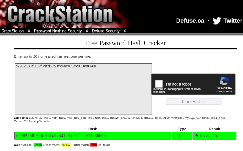 CrackStation cracks the hash to Princess25